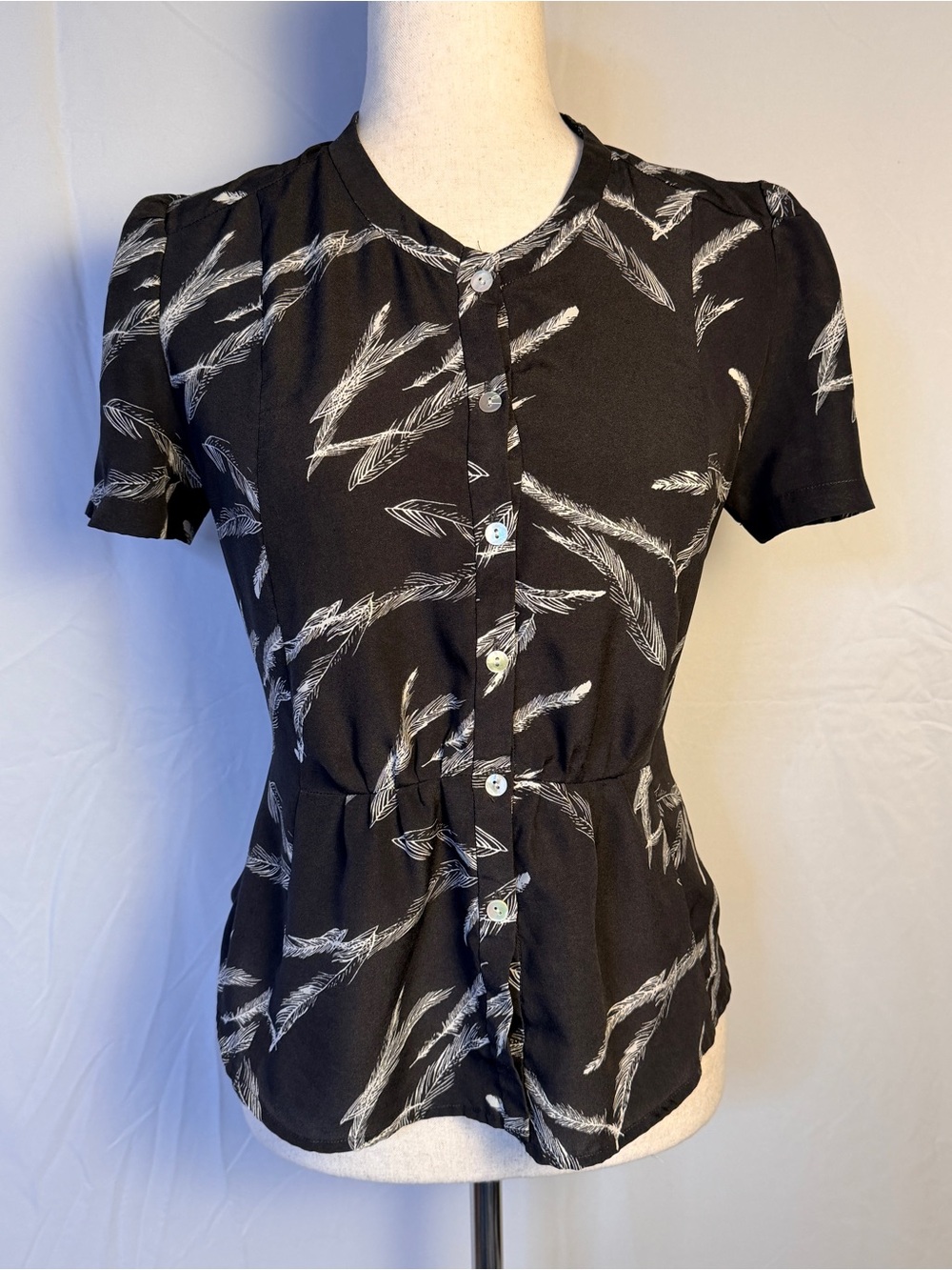 Women's Black Feather-Print Button Front Top